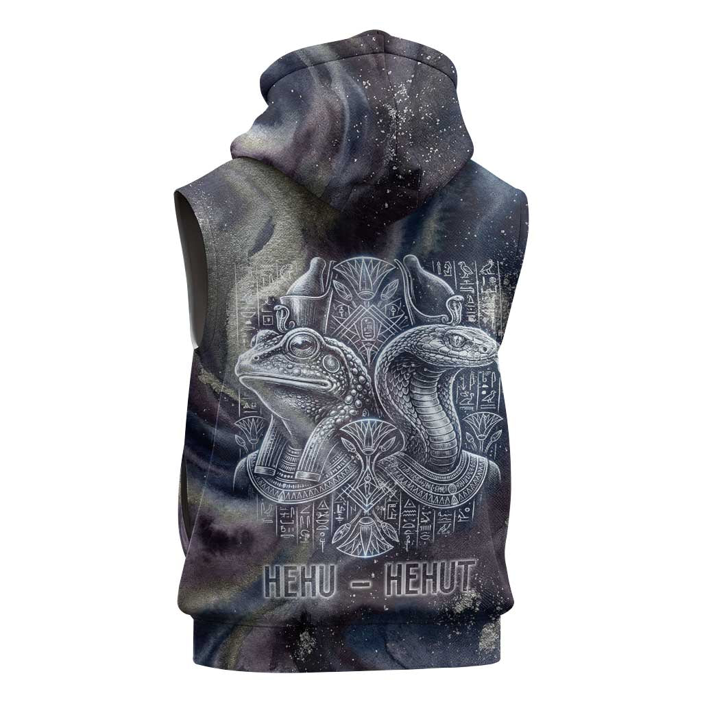Egyptian Heh and Hauhet Sleeveless Hoodie Serpent Duo Design Cosmic Infinity and Eternal Balance Motif