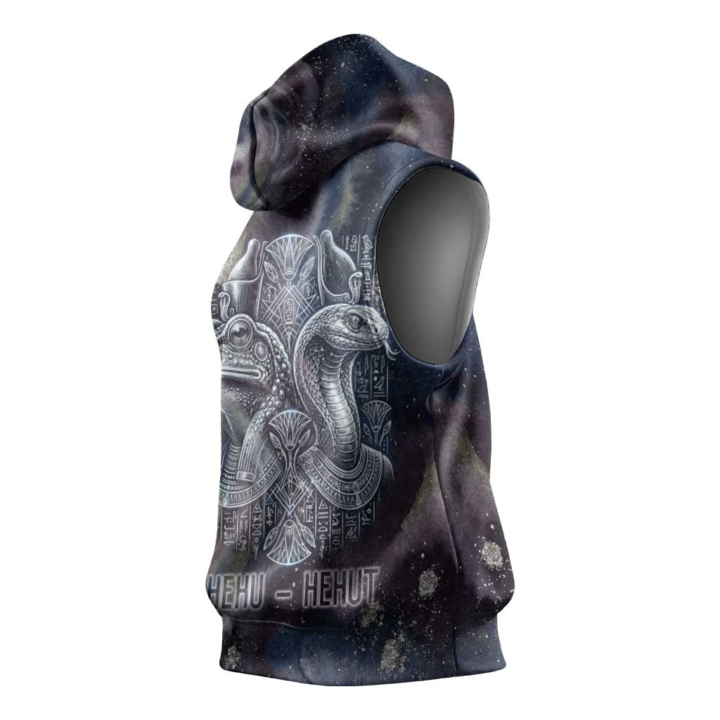 Egyptian Heh and Hauhet Sleeveless Hoodie Serpent Duo Design Cosmic Infinity and Eternal Balance Motif