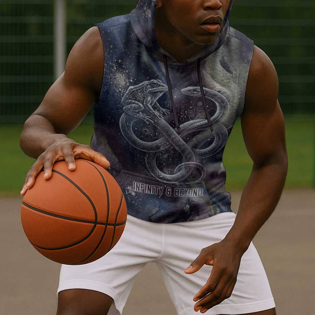 Egyptian Heh and Hauhet Sleeveless Hoodie Serpent Duo Design Cosmic Infinity and Eternal Balance Motif