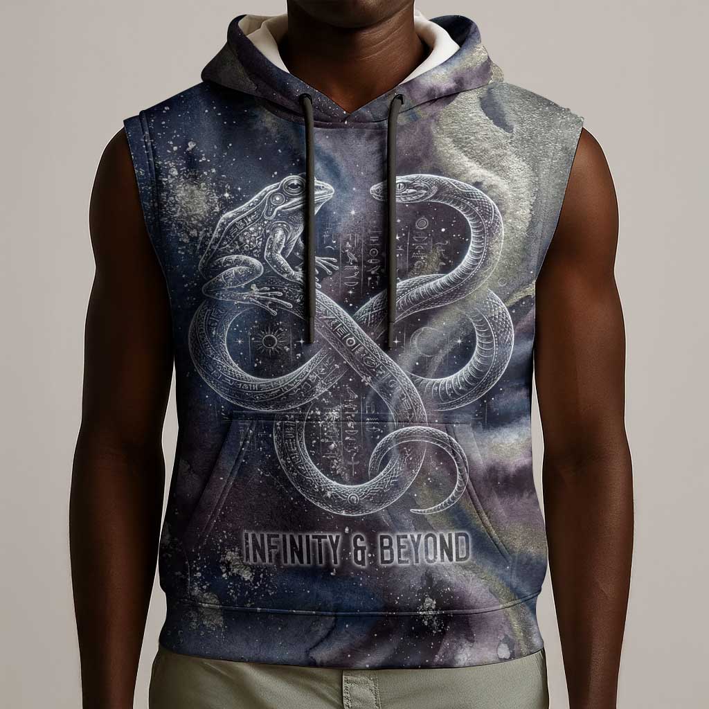 Egyptian Heh and Hauhet Sleeveless Hoodie Serpent Duo Design Cosmic Infinity and Eternal Balance Motif