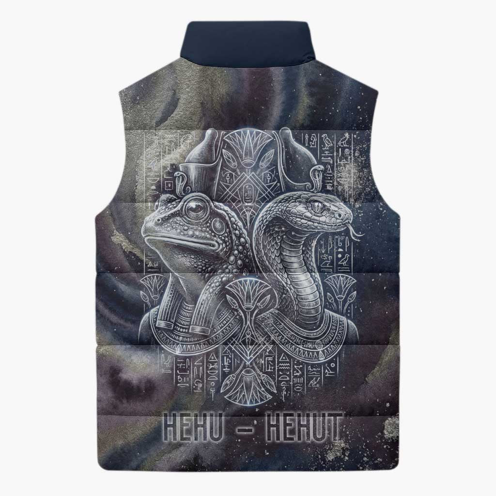 Egyptian Heh and Hauhet Sleeveless Puffer Jacket Serpent Duo Design Cosmic Infinity and Eternal Balance Motif