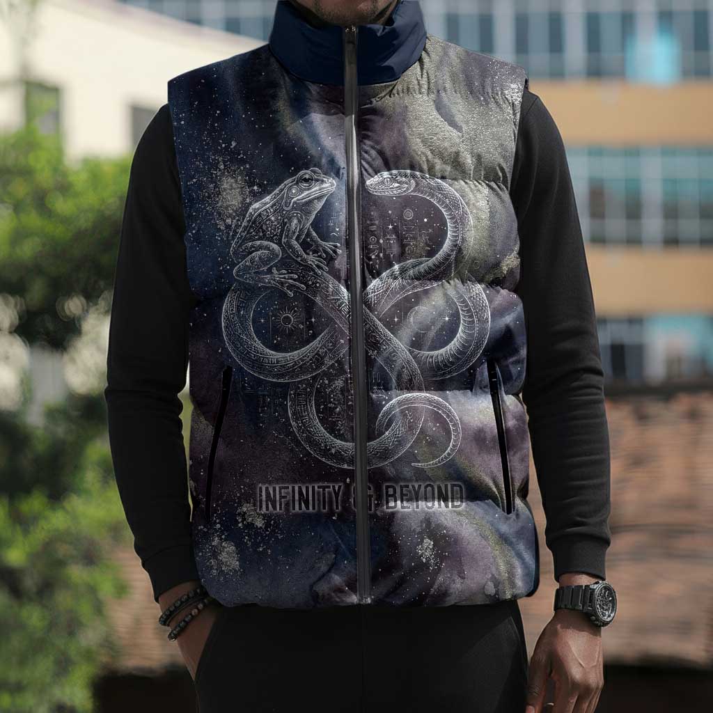 Egyptian Heh and Hauhet Sleeveless Puffer Jacket Serpent Duo Design Cosmic Infinity and Eternal Balance Motif