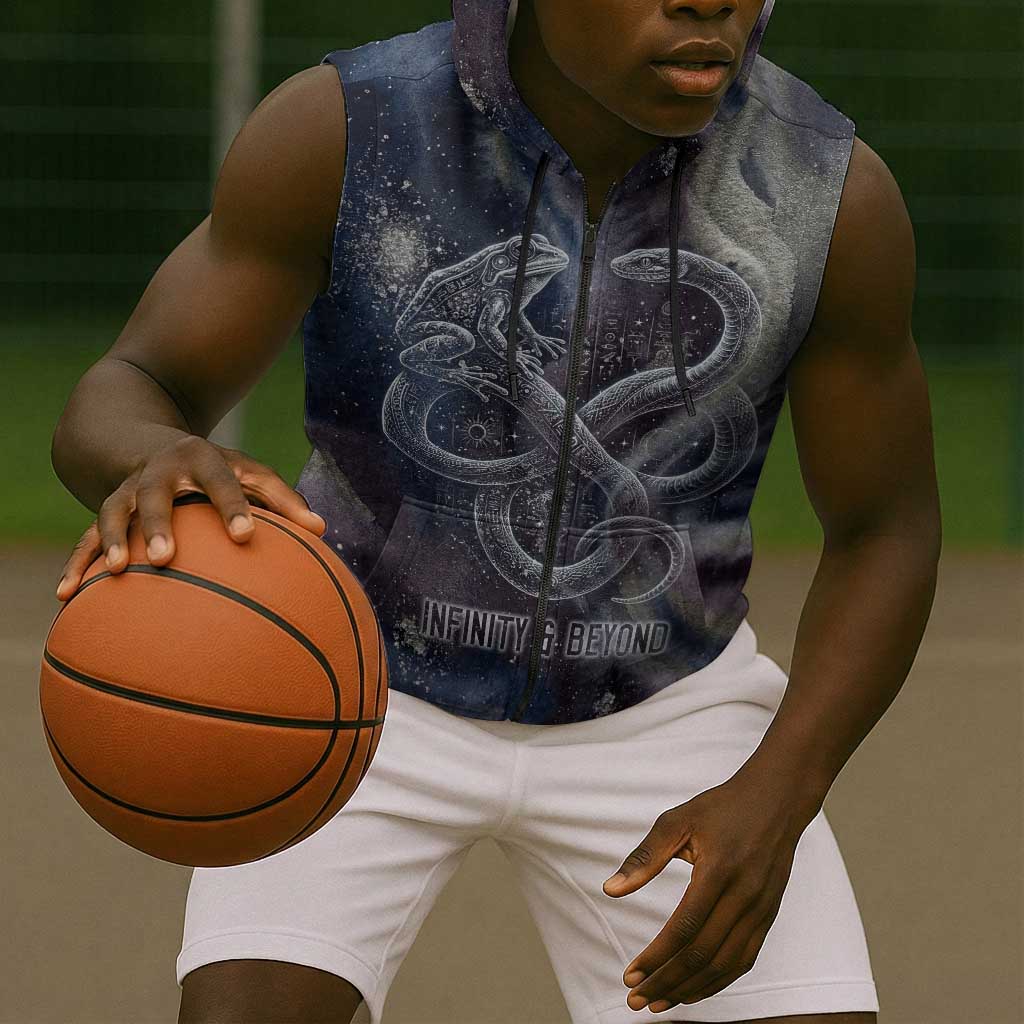 Egyptian Heh and Hauhet Sleeveless Zip Hoodie Serpent Duo Design Cosmic Infinity and Eternal Balance Motif