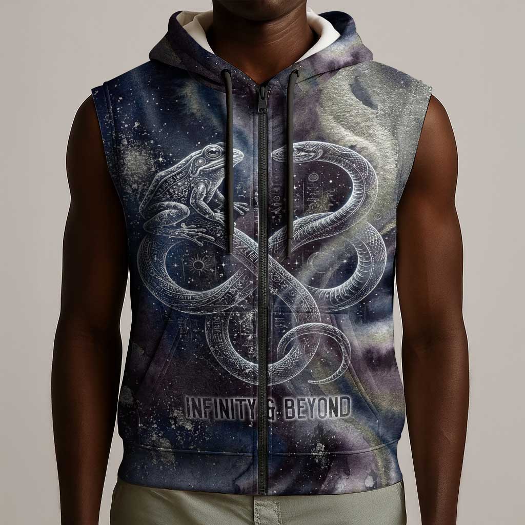 Egyptian Heh and Hauhet Sleeveless Zip Hoodie Serpent Duo Design Cosmic Infinity and Eternal Balance Motif