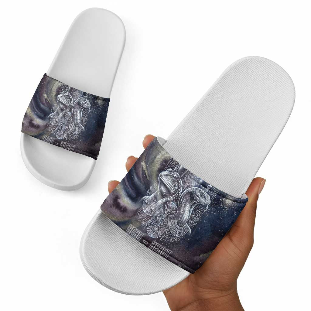 Egyptian Heh and Hauhet Slide Sandals Serpent Duo Design Cosmic Infinity and Eternal Balance Motif