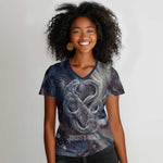 Egyptian Heh and Hauhet Women V-Neck T-Shirt Serpent Duo Design Cosmic Infinity and Eternal Balance Motif