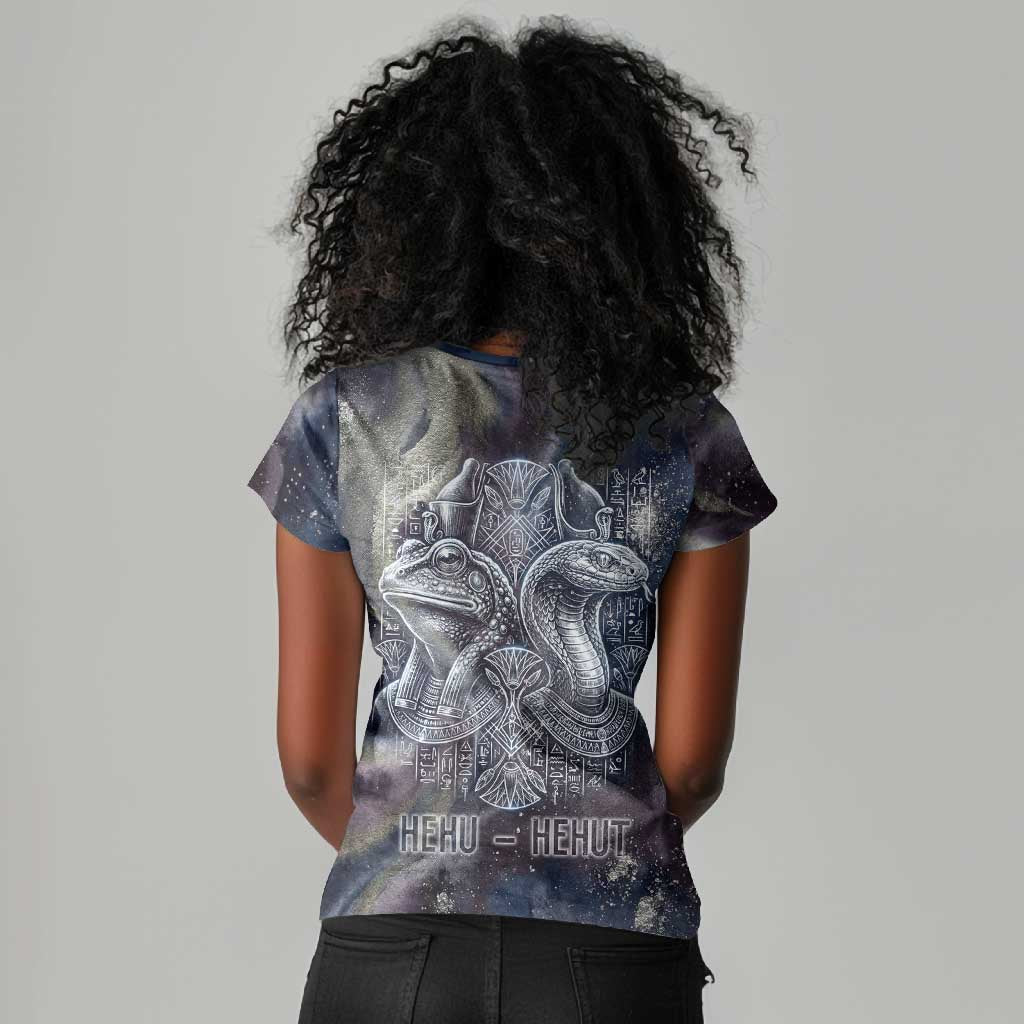 Egyptian Heh and Hauhet Women V-Neck T-Shirt Serpent Duo Design Cosmic Infinity and Eternal Balance Motif