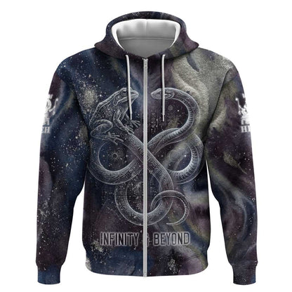 Egyptian Heh and Hauhet Zip Hoodie Serpent Duo Design Cosmic Infinity and Eternal Balance Motif