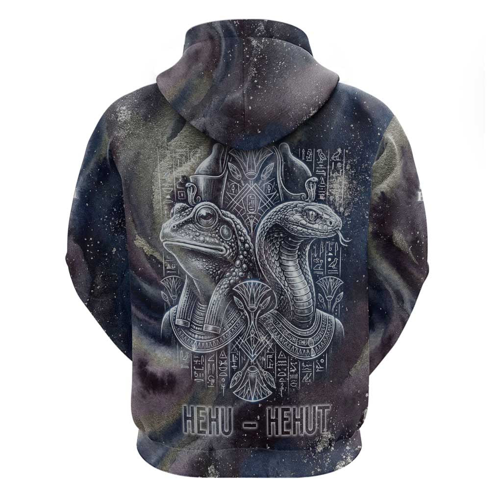 Egyptian Heh and Hauhet Zip Hoodie Serpent Duo Design Cosmic Infinity and Eternal Balance Motif