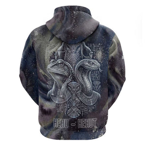 Egyptian Heh and Hauhet Zip Hoodie Serpent Duo Design Cosmic Infinity and Eternal Balance Motif