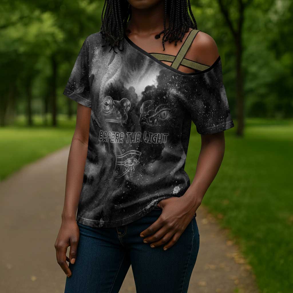 Kek and Kauket Egyptian Cross Shoulder Shirt Primordial Darkness Design Cosmic Frogs and Serpents