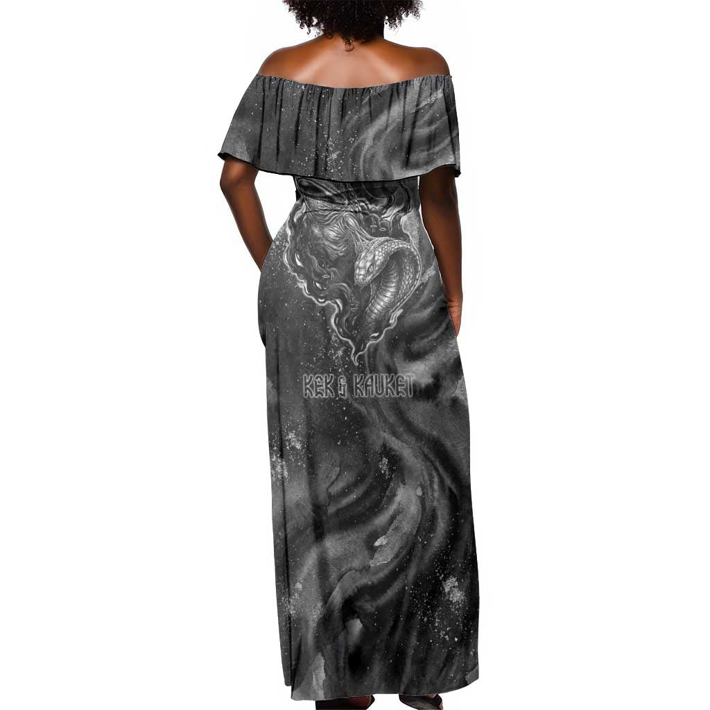 Kek and Kauket Egyptian Off Shoulder Maxi Dress Primordial Darkness Design Cosmic Frogs and Serpents