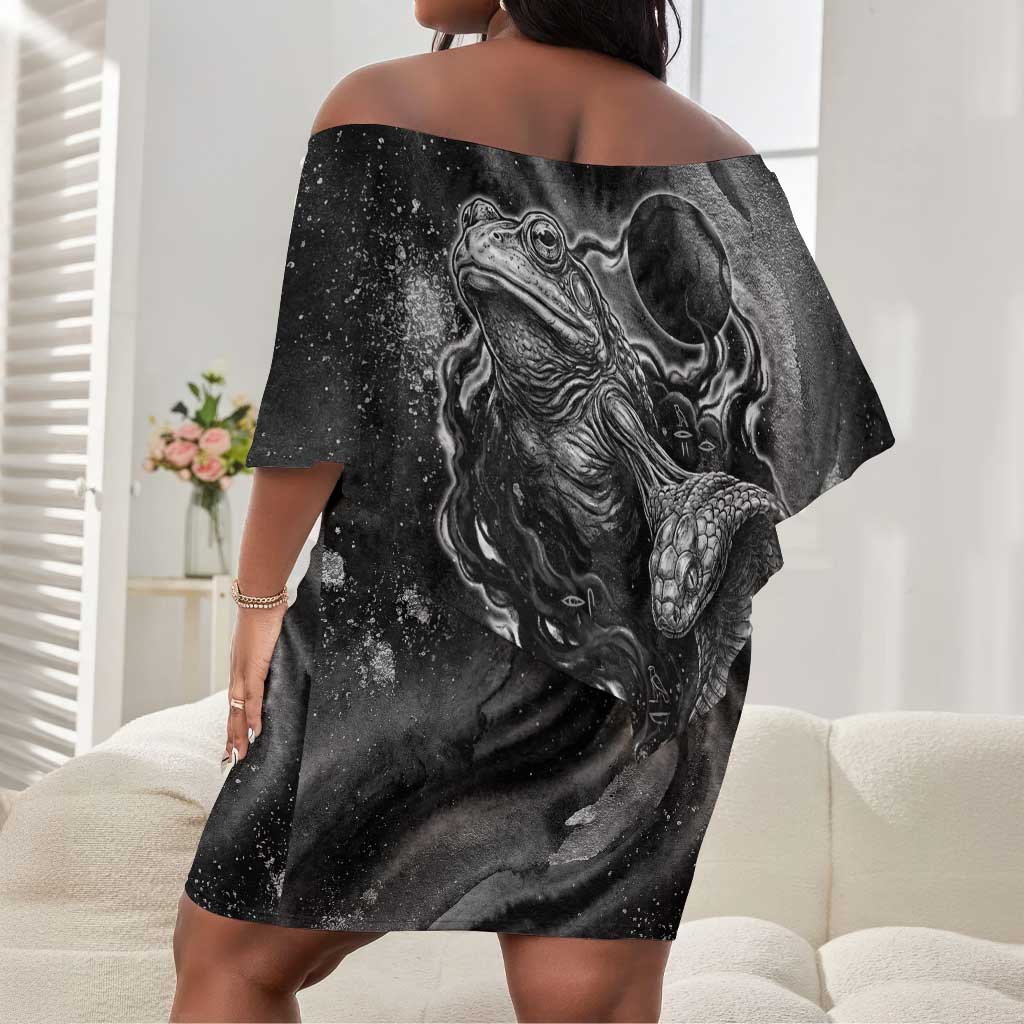 Kek and Kauket Egyptian Off Shoulder Short Dress Primordial Darkness Design Cosmic Frogs and Serpents