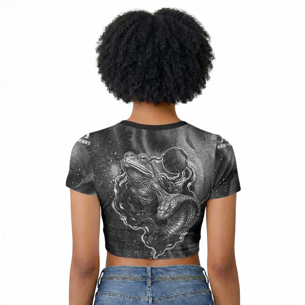 Kek and Kauket Egyptian Raglan Cropped T shirt Primordial Darkness Design Cosmic Frogs and Serpents