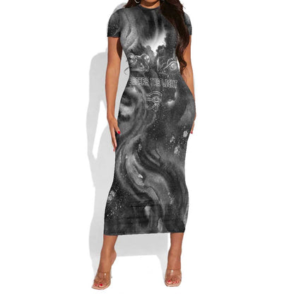 Kek and Kauket Egyptian Short Sleeve Bodycon Dress Primordial Darkness Design Cosmic Frogs and Serpents