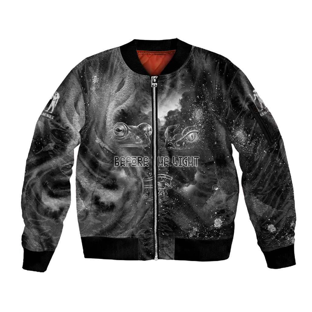 Kek and Kauket Egyptian Sleeve Zip Bomber Jacket Primordial Darkness Design Cosmic Frogs and Serpents