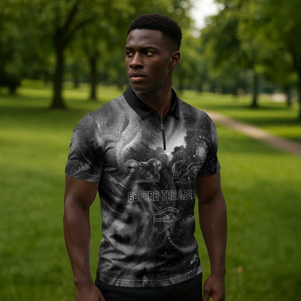 Kek and Kauket Egyptian Zipper Polo Shirt Primordial Darkness Design Cosmic Frogs and Serpents