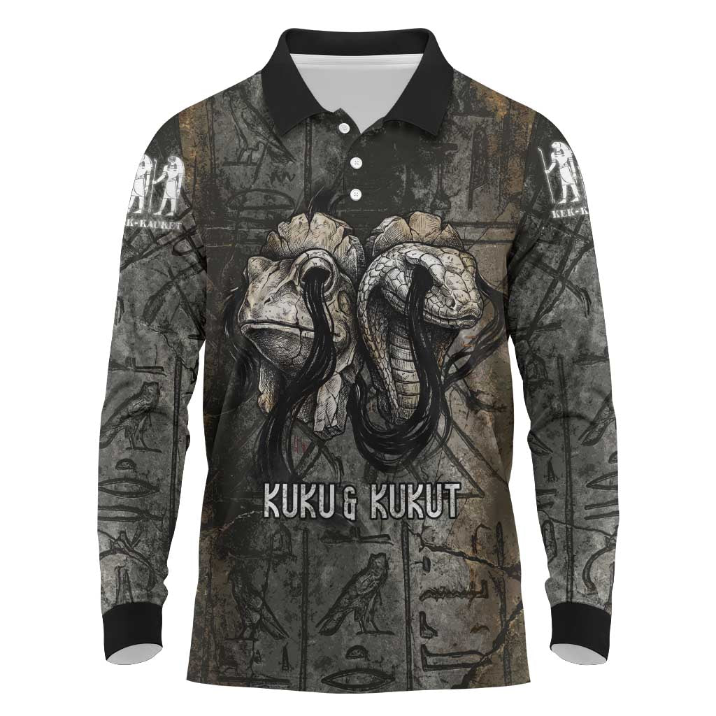 Egypt Kek and Kauket Long Sleeve Polo Shirt Ancient Void Theme with Frog and Serpent Duality