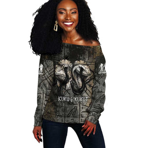 Egypt Kek and Kauket Off Shoulder Sweater Ancient Void Theme with Frog and Serpent Duality