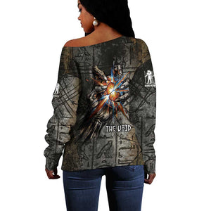 Egypt Kek and Kauket Off Shoulder Sweater Ancient Void Theme with Frog and Serpent Duality