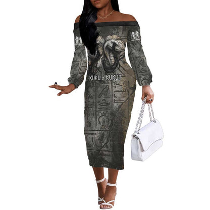 Egypt Kek and Kauket Off The Shoulder Long Sleeve Dress Ancient Void Theme with Frog and Serpent Duality