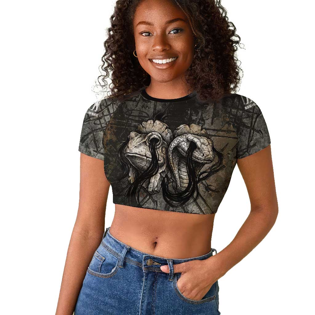 Egypt Kek and Kauket Raglan Cropped T shirt Ancient Void Theme with Frog and Serpent Duality
