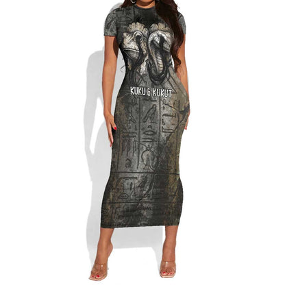 Egypt Kek and Kauket Short Sleeve Bodycon Dress Ancient Void Theme with Frog and Serpent Duality