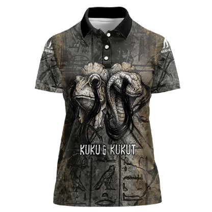 Egypt Kek and Kauket Women Polo Shirt Ancient Void Theme with Frog and Serpent Duality