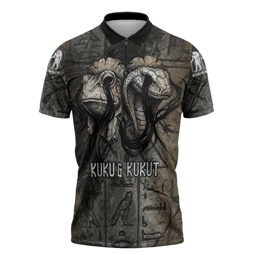 Egypt Kek and Kauket Zipper Polo Shirt Ancient Void Theme with Frog and Serpent Duality