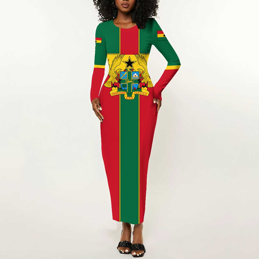 African Ghana Long Sleeve Bodycon Dress Flag with Coat of Arms Simple Design
