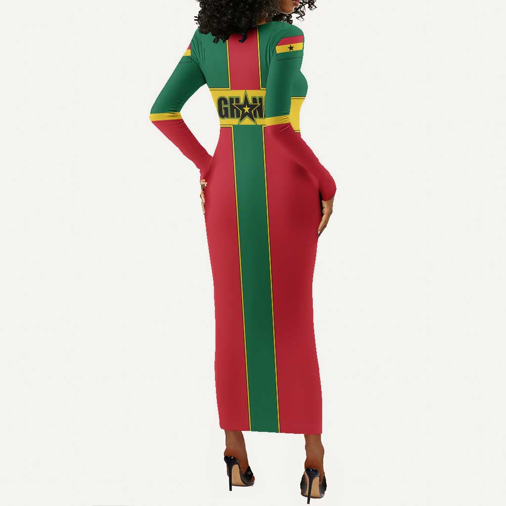 African Ghana Long Sleeve Bodycon Dress Flag with Coat of Arms Simple Design