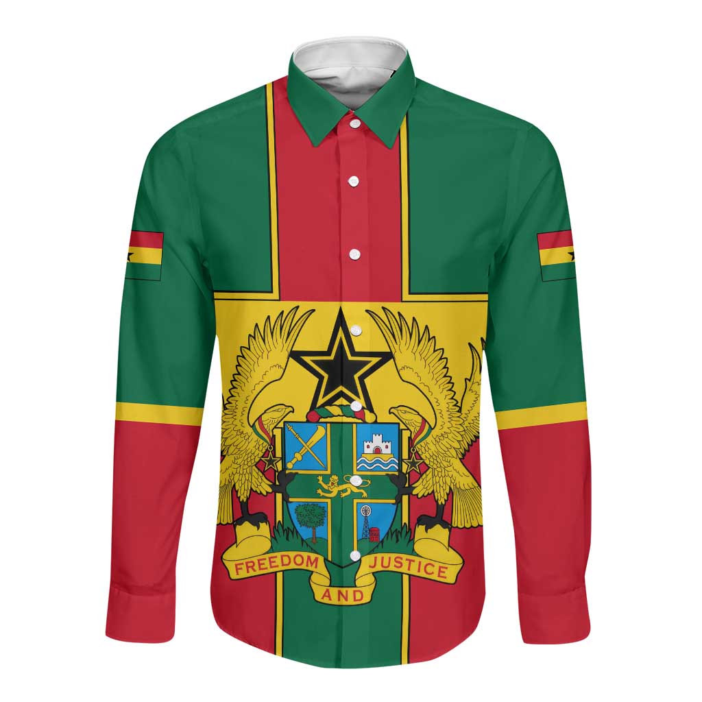 African Ghana Long Sleeve Button Shirt Flag with Coat of Arms Simple Design