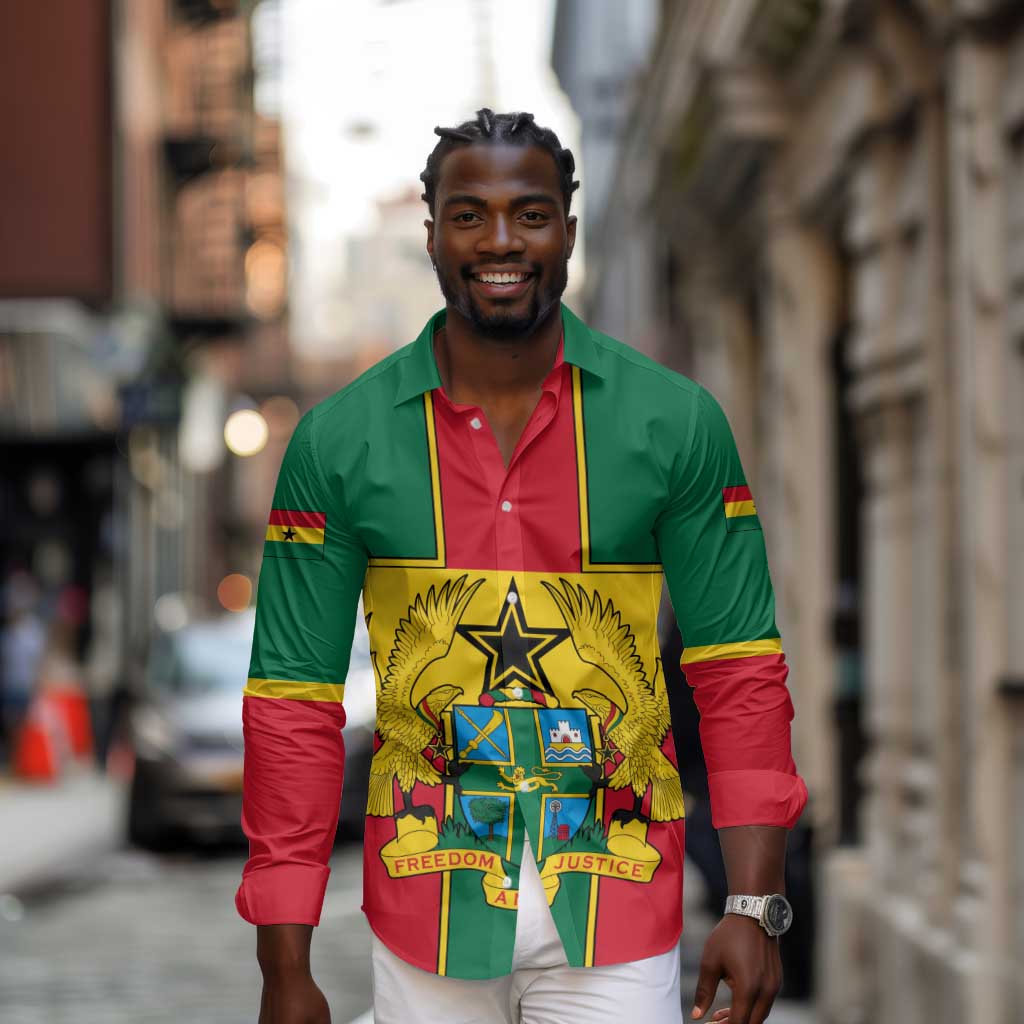 African Ghana Long Sleeve Button Shirt Flag with Coat of Arms Simple Design