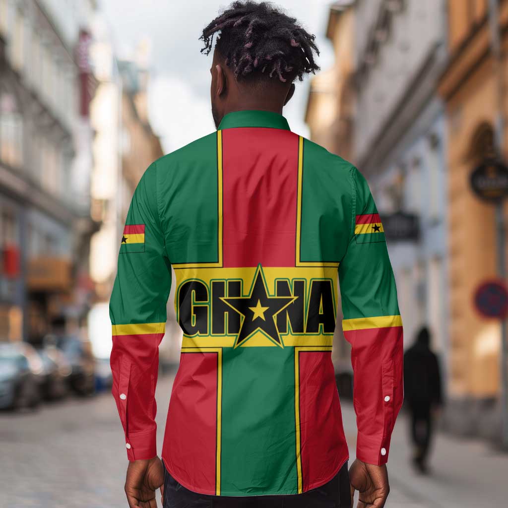 African Ghana Long Sleeve Button Shirt Flag with Coat of Arms Simple Design