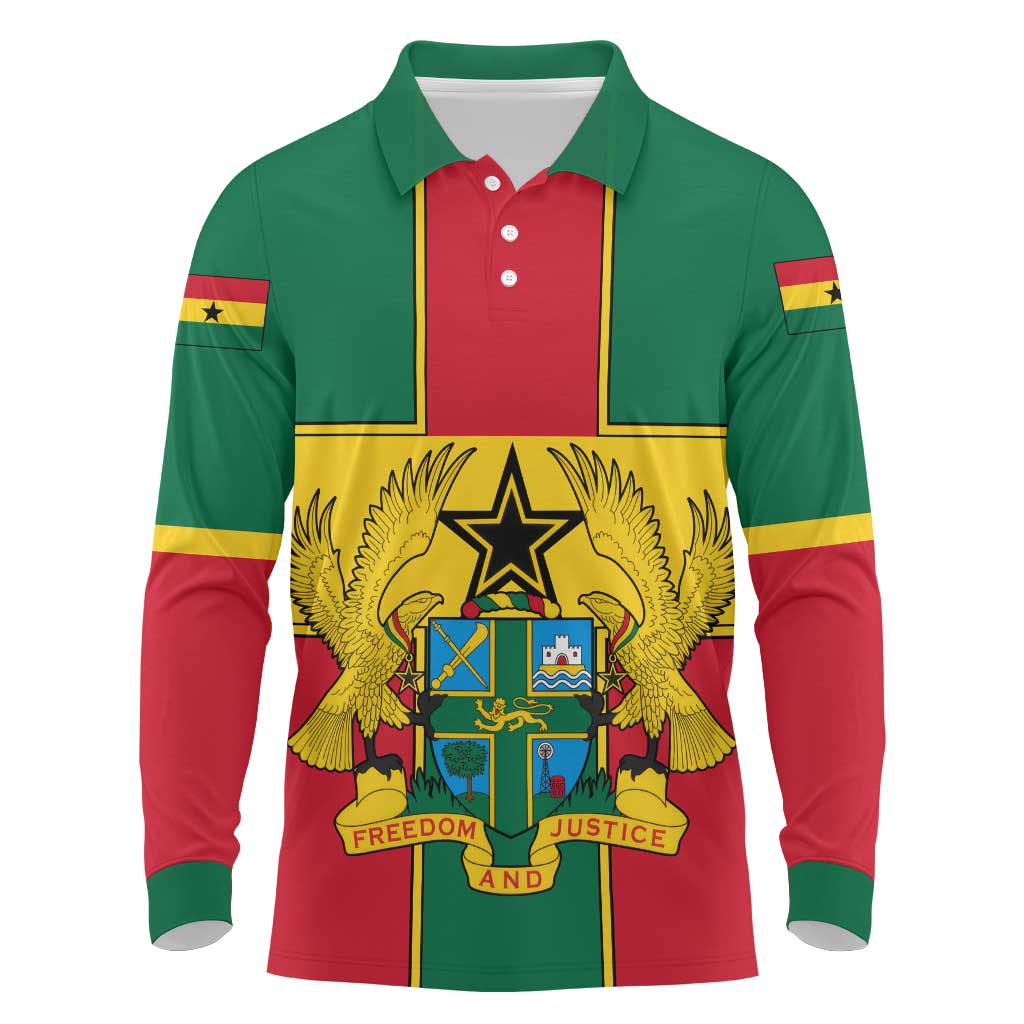 African Ghana Long Sleeve Polo Shirt Flag with Coat of Arms Simple Design