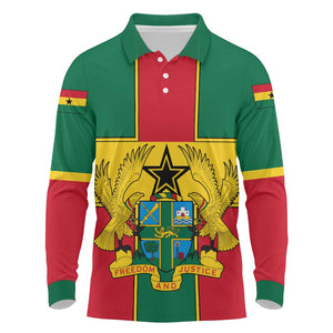 African Ghana Long Sleeve Polo Shirt Flag with Coat of Arms Simple Design