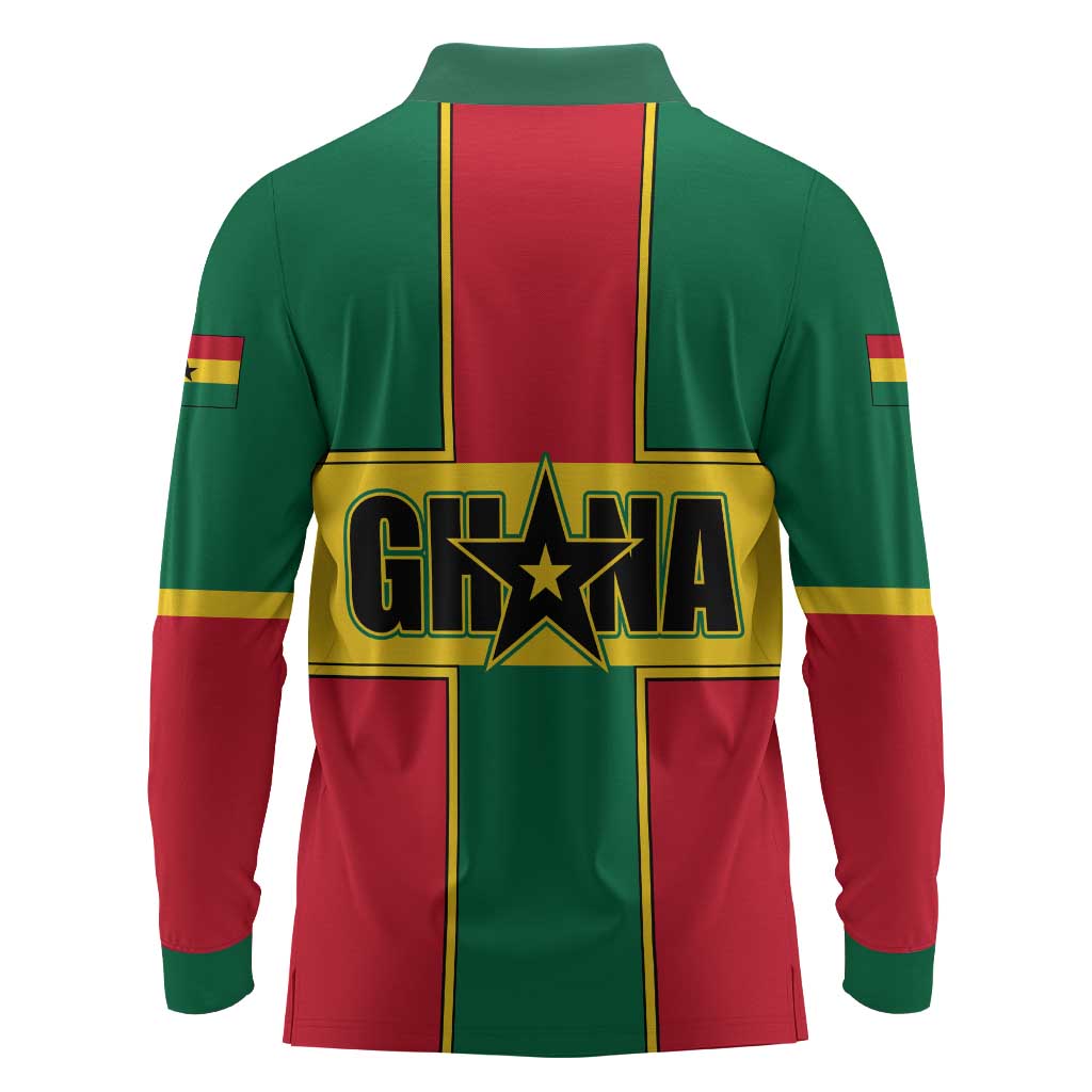 African Ghana Long Sleeve Polo Shirt Flag with Coat of Arms Simple Design