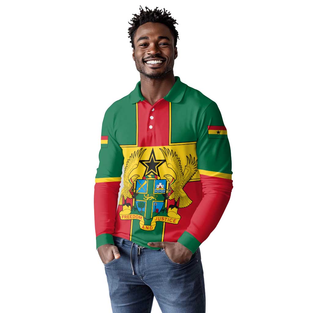 African Ghana Long Sleeve Polo Shirt Flag with Coat of Arms Simple Design