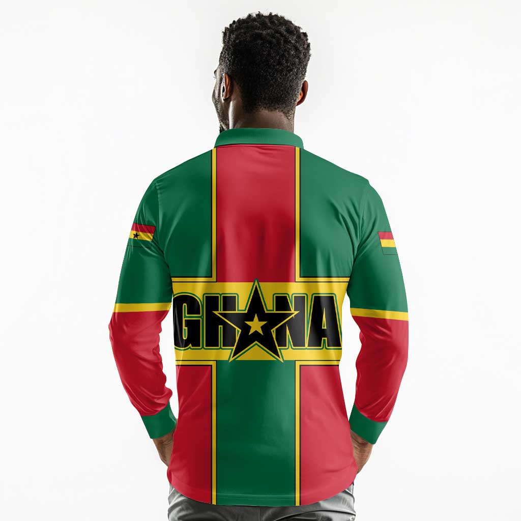 African Ghana Long Sleeve Polo Shirt Flag with Coat of Arms Simple Design