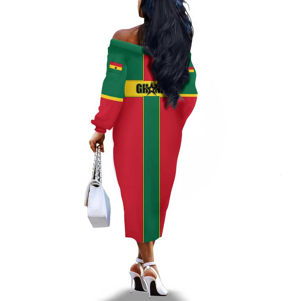 African Ghana Off The Shoulder Long Sleeve Dress Flag with Coat of Arms Simple Design