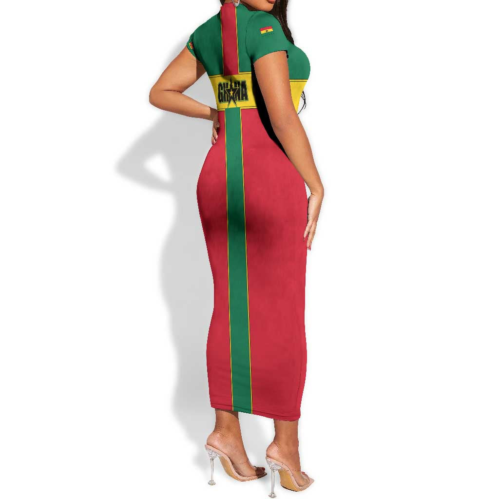 African Ghana Short Sleeve Bodycon Dress Flag with Coat of Arms Simple Design