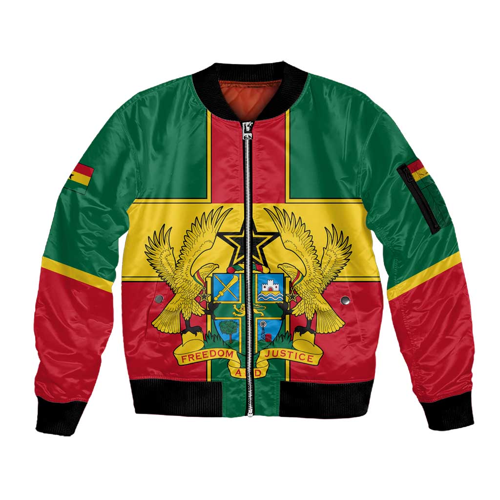 African Ghana Sleeve Zip Bomber Jacket Flag with Coat of Arms Simple Design