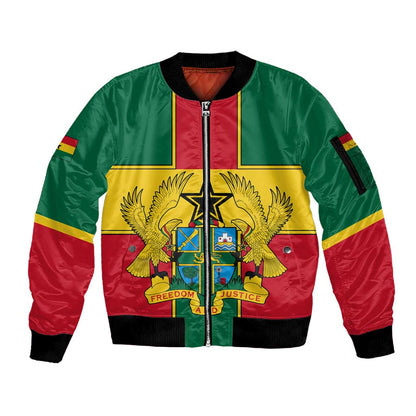 African Ghana Sleeve Zip Bomber Jacket Flag with Coat of Arms Simple Design
