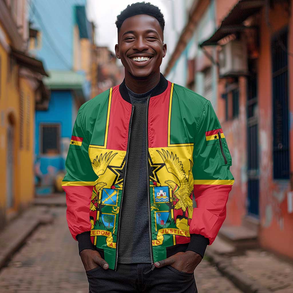 African Ghana Sleeve Zip Bomber Jacket Flag with Coat of Arms Simple Design