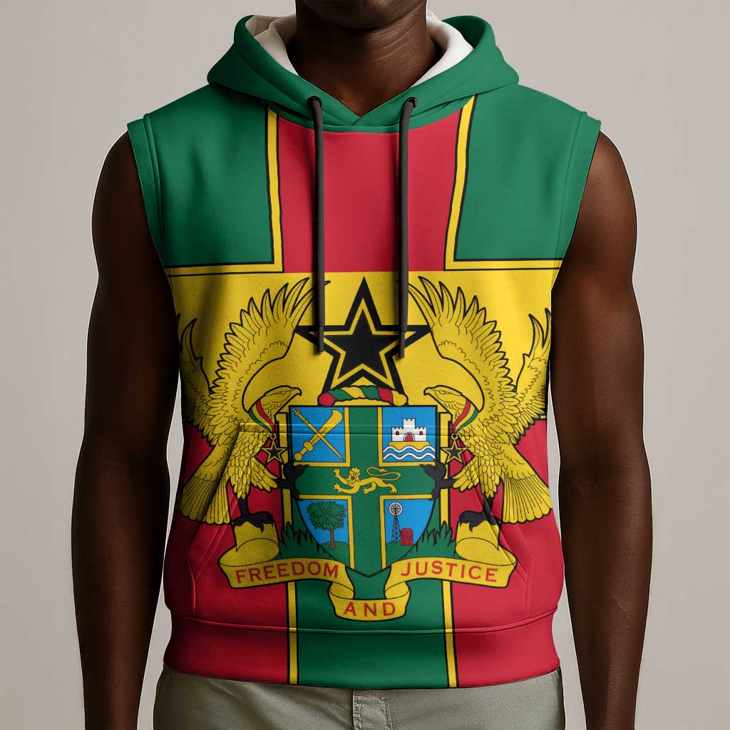 African Ghana Sleeveless Hoodie Flag with Coat of Arms Simple Design - African Pride