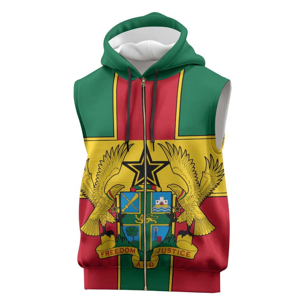 African Ghana Sleeveless Zip Hoodie Flag with Coat of Arms Simple Design - African Pride