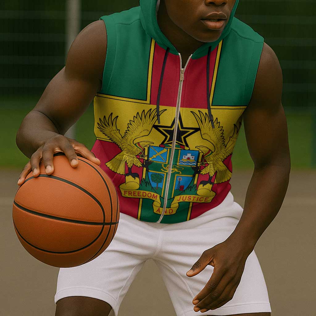 African Ghana Sleeveless Zip Hoodie Flag with Coat of Arms Simple Design - African Pride