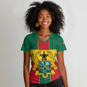 African Ghana Women V-Neck T-Shirt Flag with Coat of Arms Simple Design