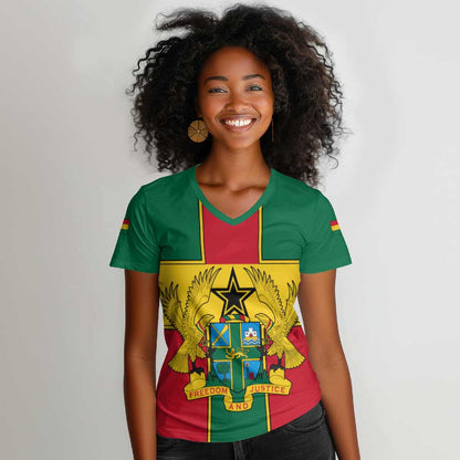 African Ghana Women V-Neck T-Shirt Flag with Coat of Arms Simple Design