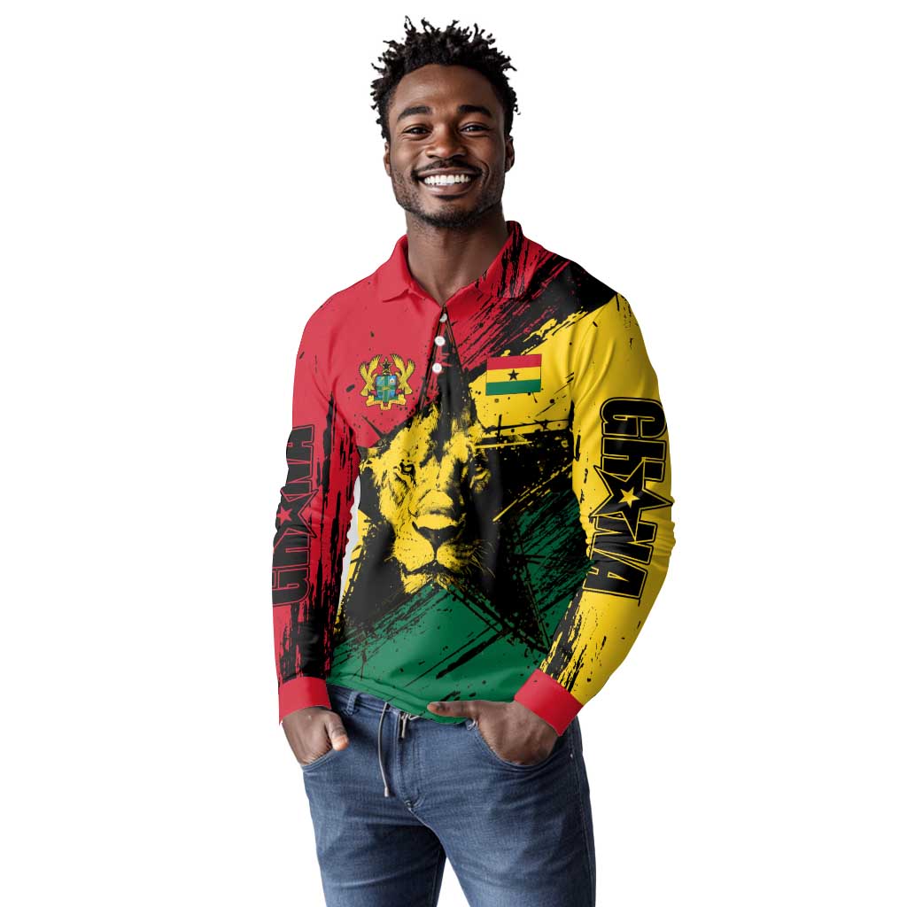 Afro Ghana Lion Long Sleeve Polo Shirt Star Grunge Style